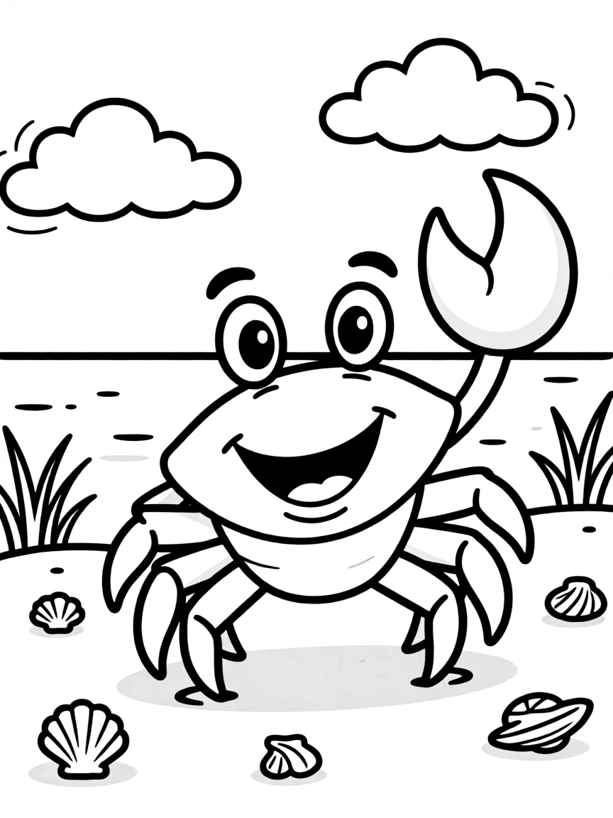 a happy crab waving its claws coloring page