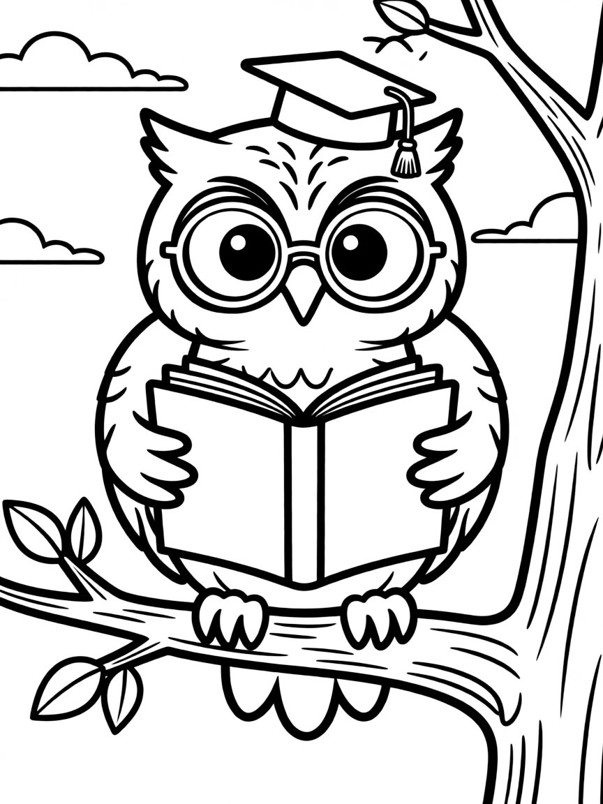 a wise old owl reading a book coloring page