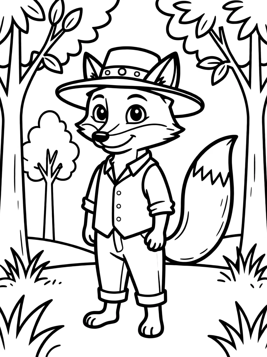 a clever fox wearing a hat coloring page