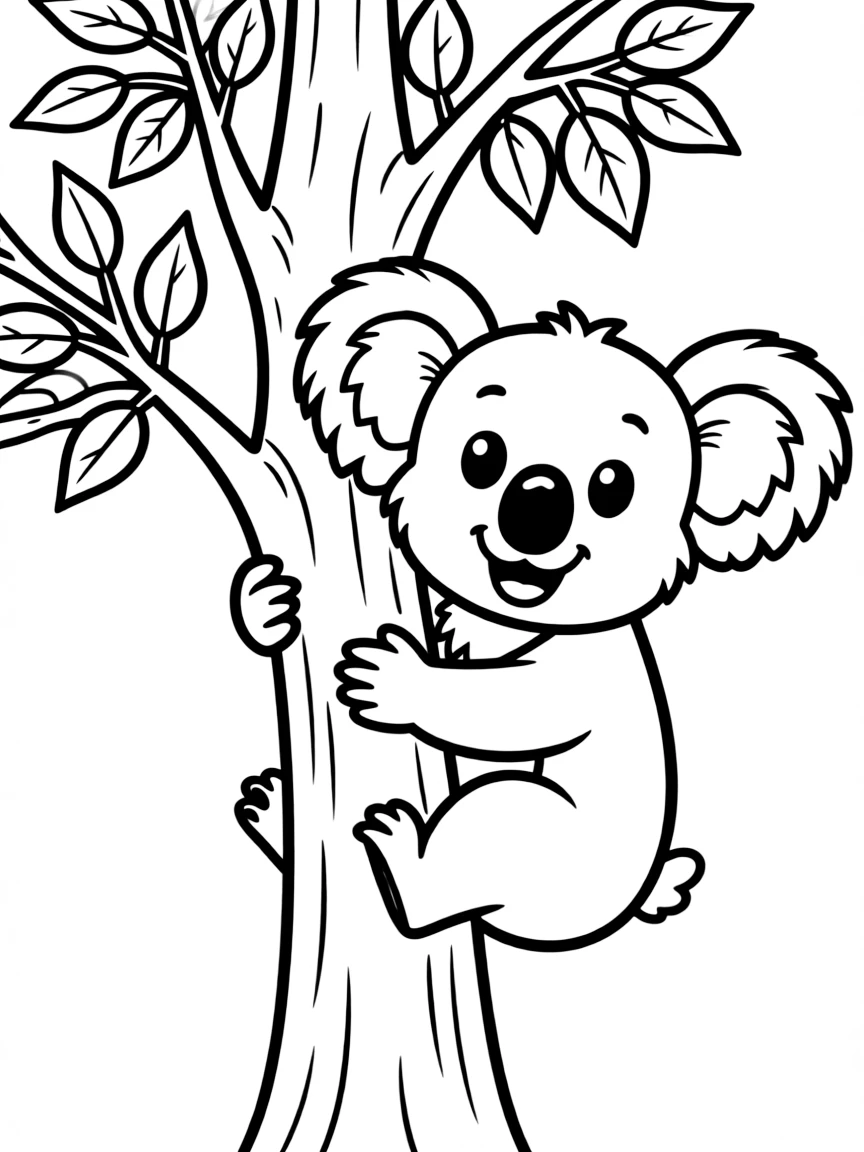 a friendly koala hugging a tree coloring page