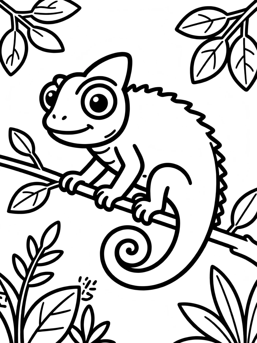 a cute chameleon blending in coloring page