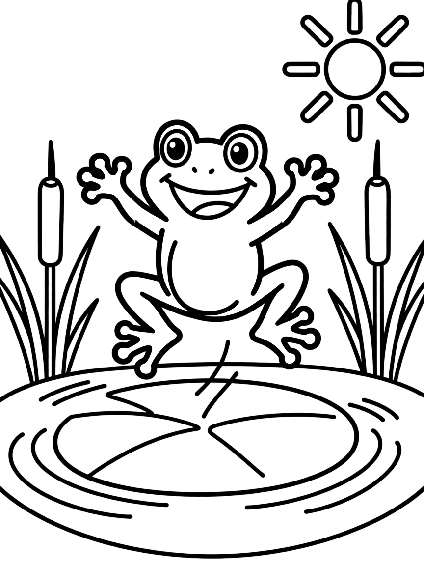 a jumping frog on a lily pad coloring page