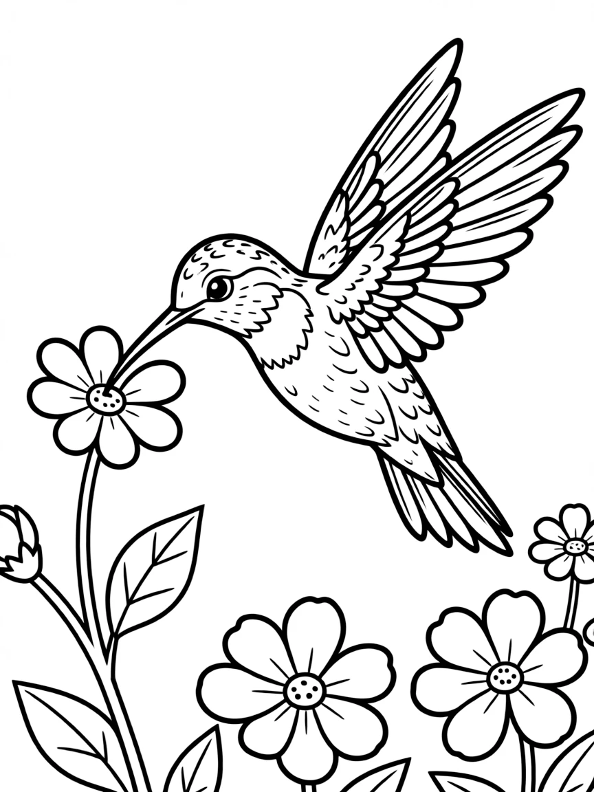 a tiny hummingbird sipping nectar coloring page