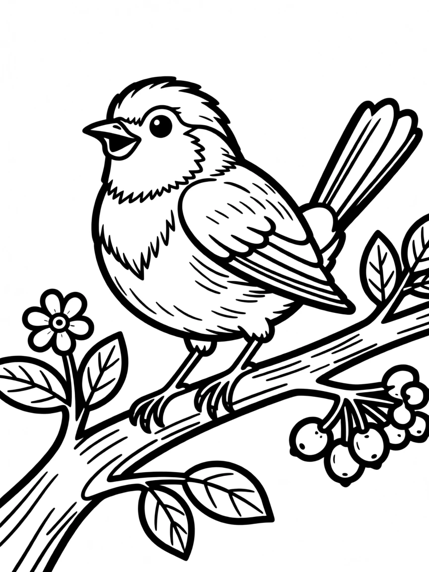 a cheerful robin on a branch coloring page