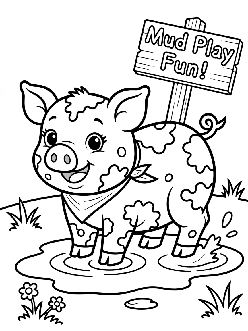 a cute little piglet in mud coloring page