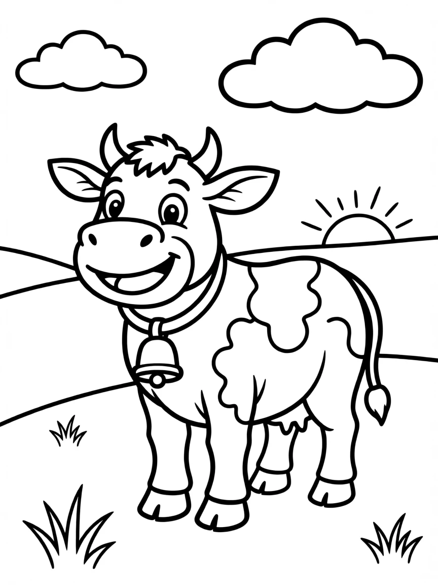 a happy cow grazing in a field coloring page