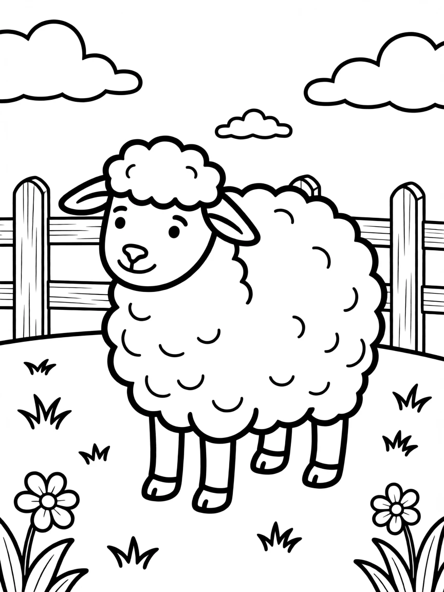 a fluffy sheep in a pasture coloring page