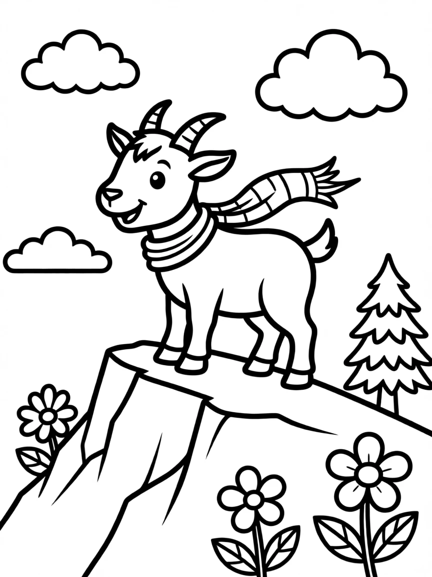 a playful goat on a mountain coloring page