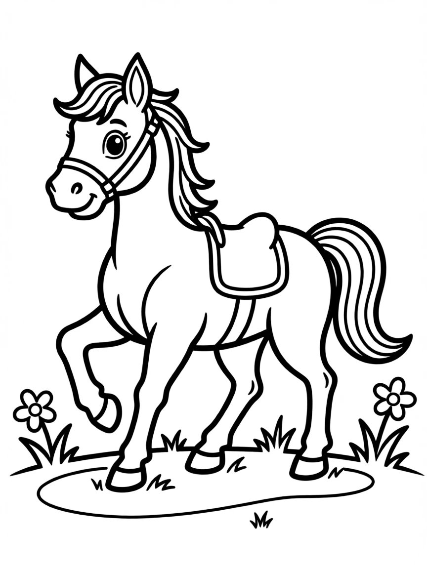 a friendly horse trotting coloring page