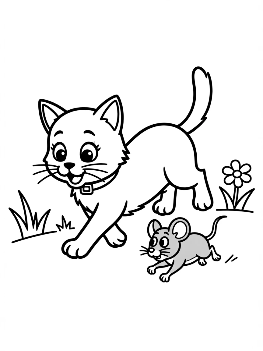 a curious cat chasing a mouse coloring page