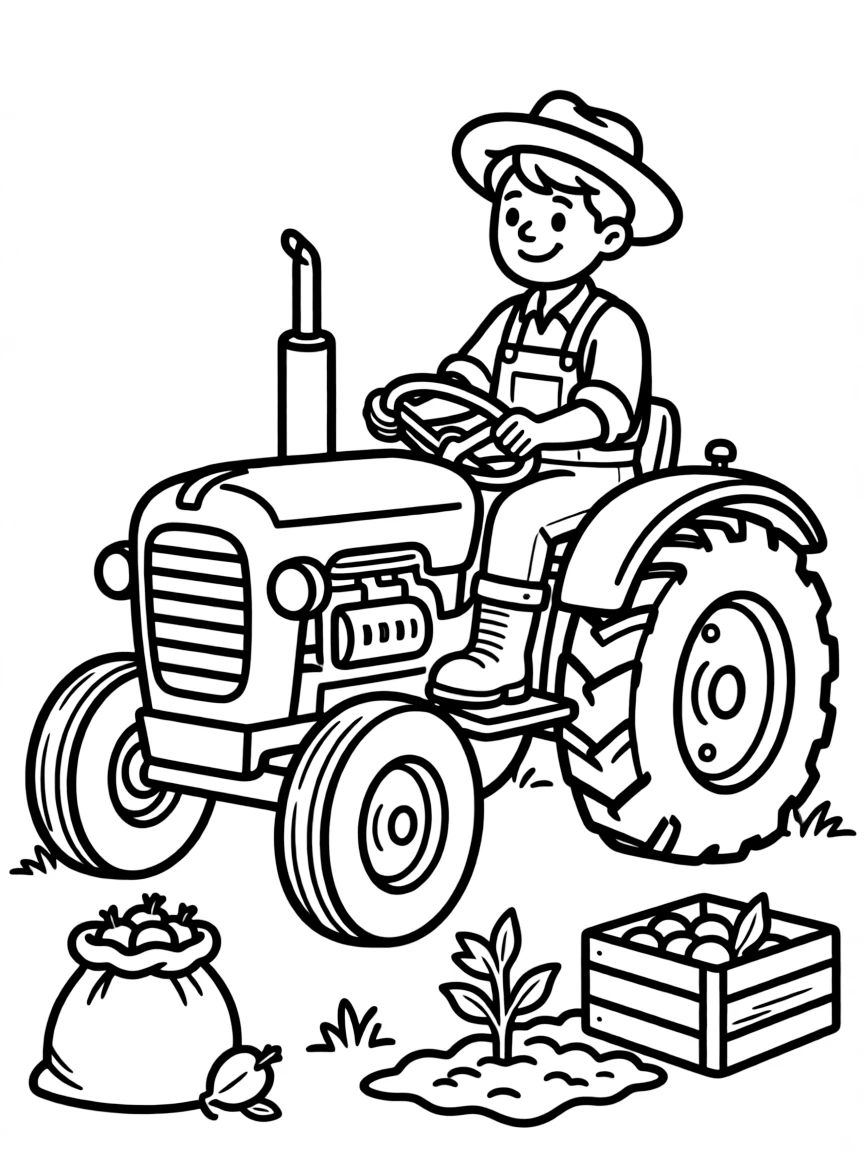 a busy farmer on a tractor coloring page