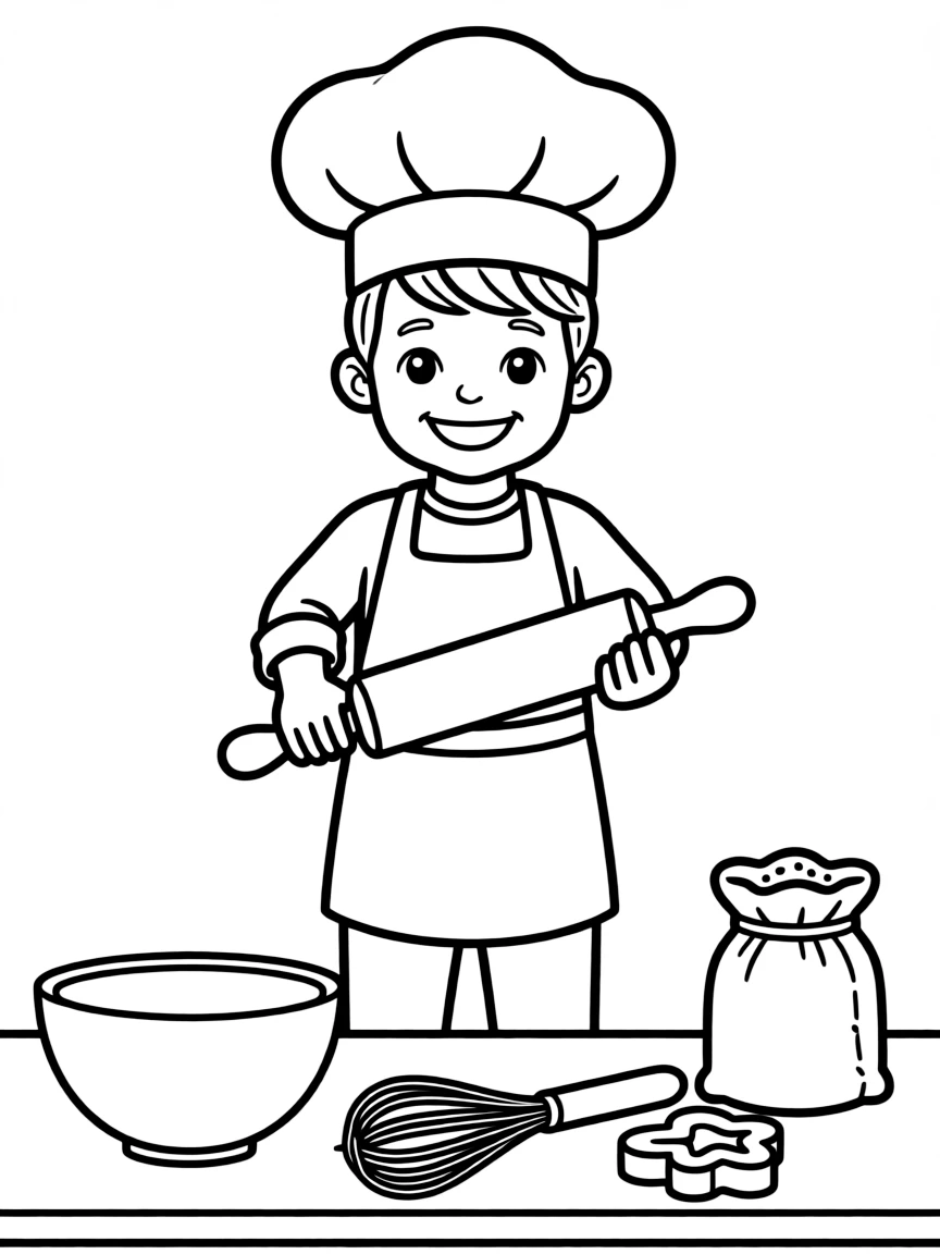 a cheerful baker with a rolling pin coloring page