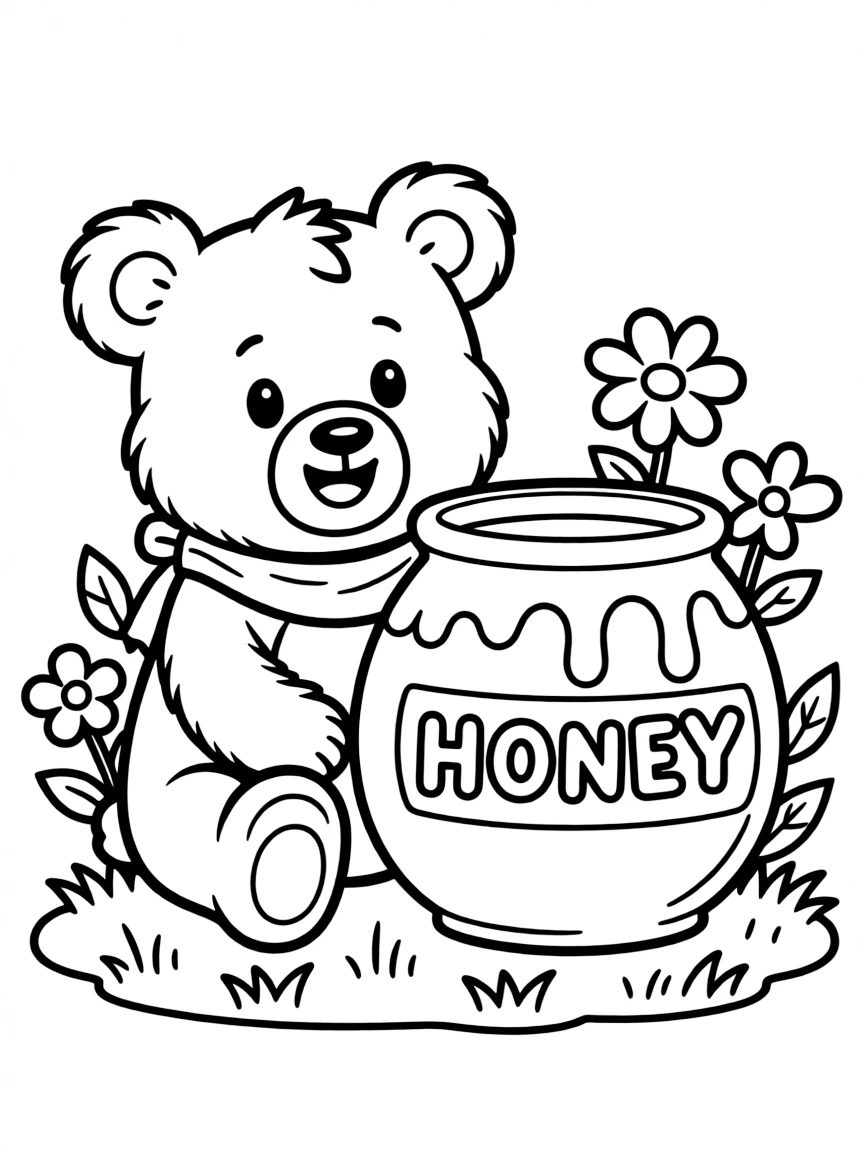 adorable cartoon bear with honey coloring page