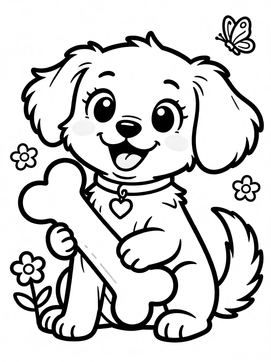 cute anime dog with a bone coloring page
