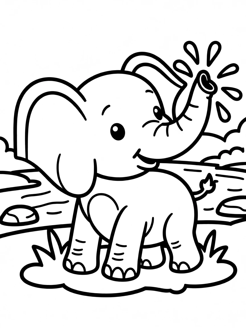 cuddly baby elephant splashing water coloring page
