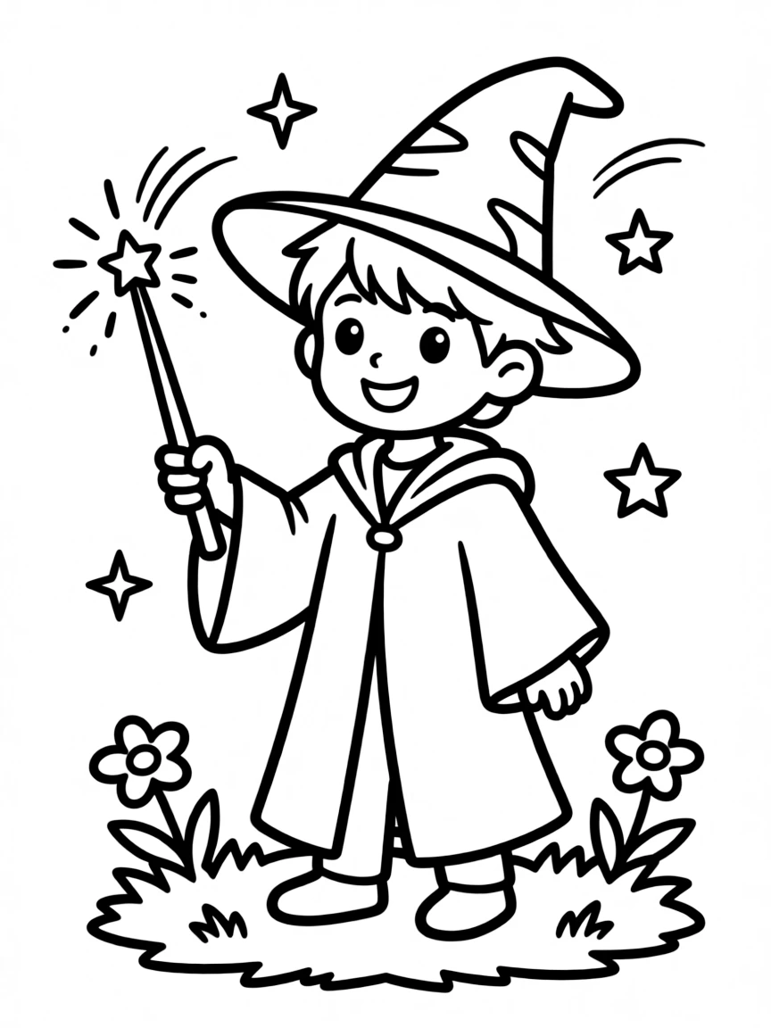charming wizard with a wand coloring page
