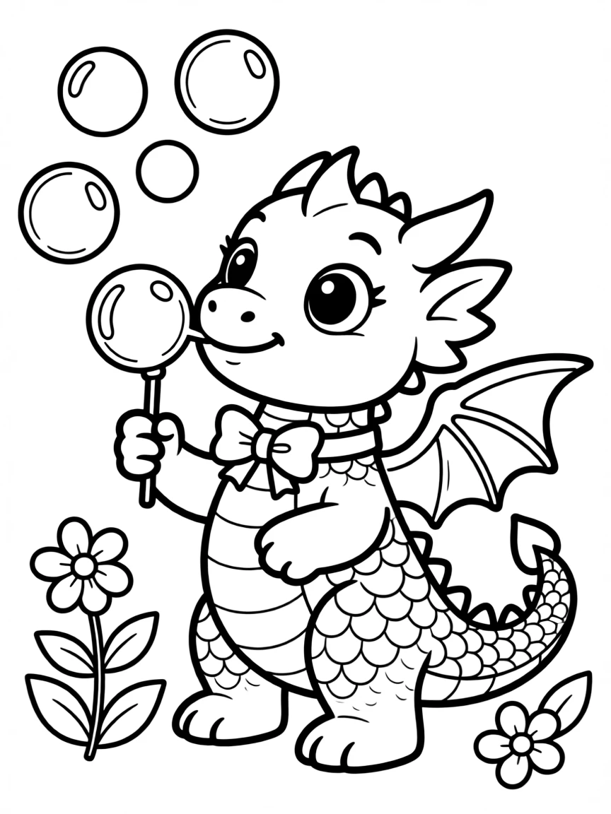sweet little dragon blowing bubbles coloring page