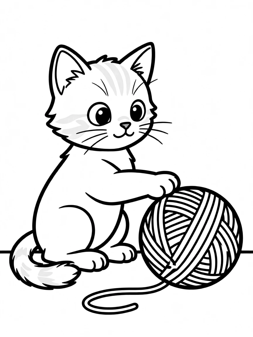 playful kitten with a ball of yarn coloring page