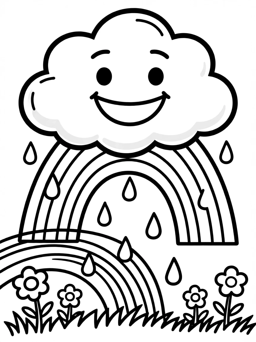 happy cloud raining rainbows coloring page