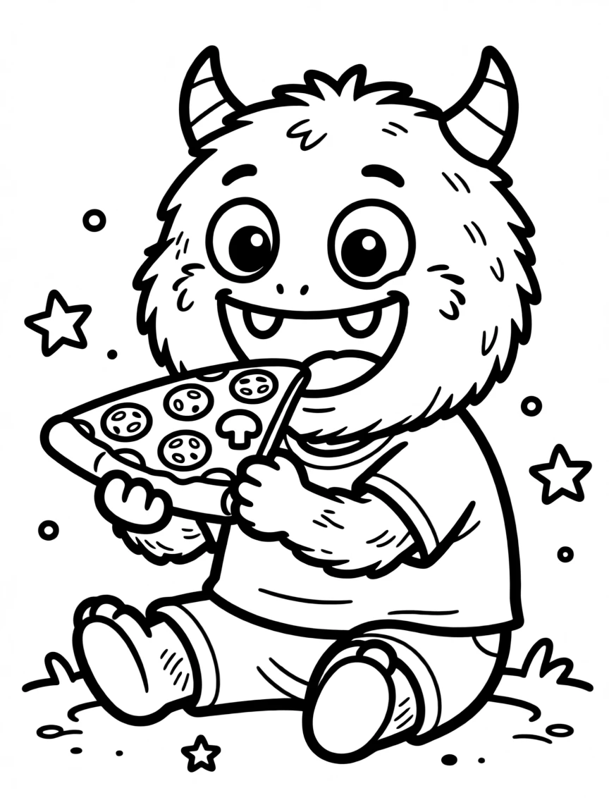 friendly monster eating pizza coloring page
