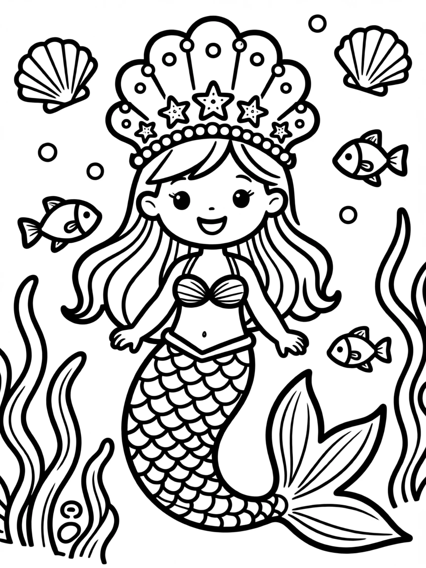 sparkly mermaid with a seashell crown coloring page