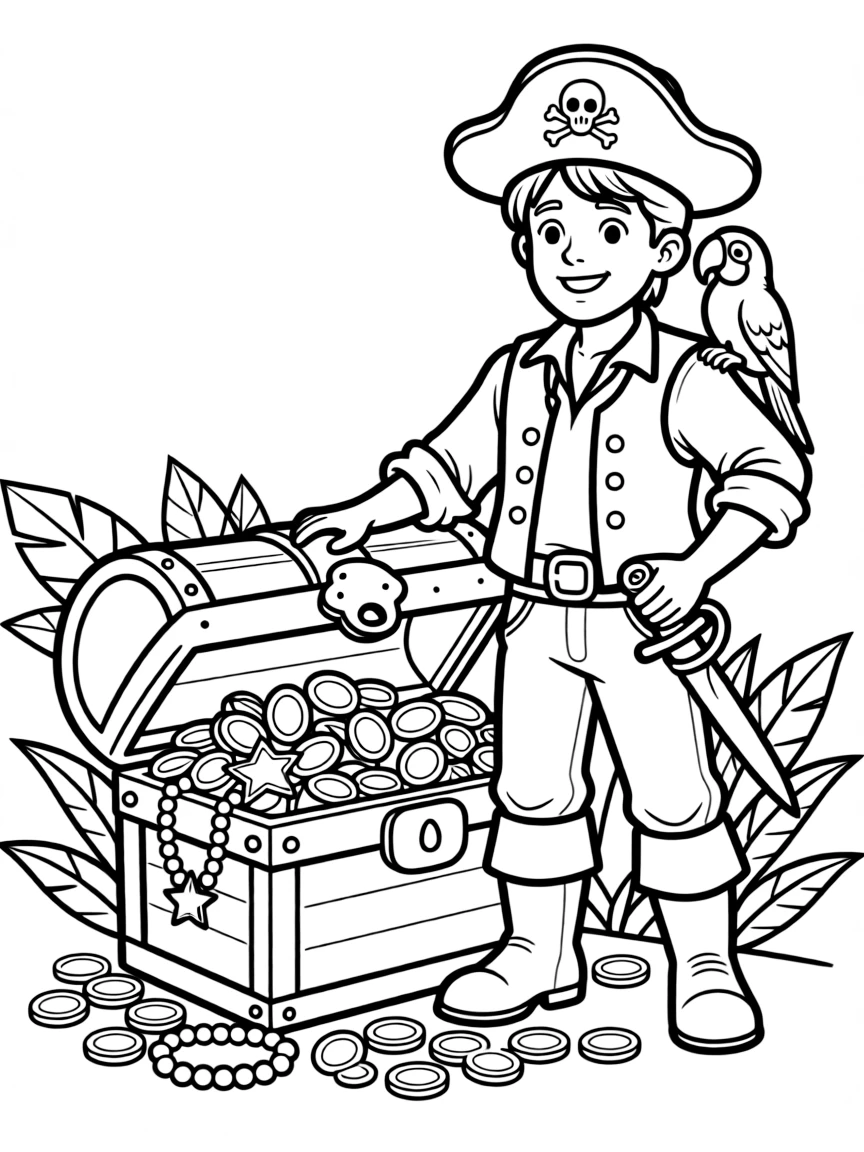 brave pirate with a treasure chest coloring page