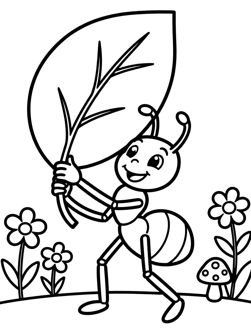 busy ant carrying a leaf coloring page