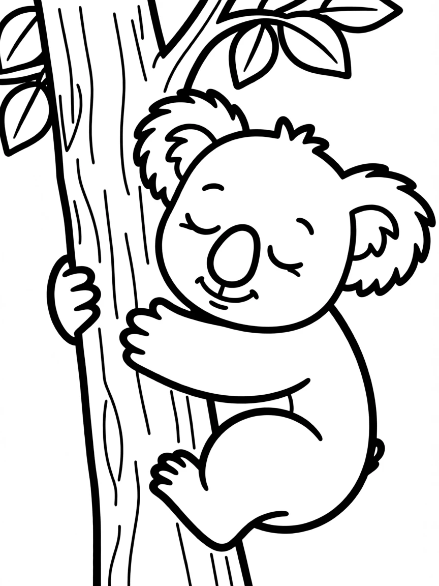 sleepy koala hugging a tree coloring page