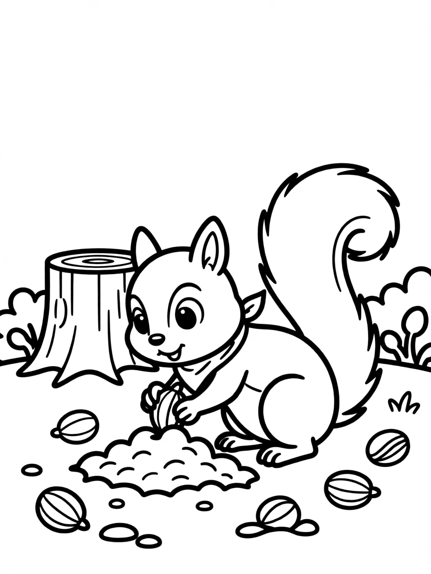 curious squirrel burying nuts coloring page