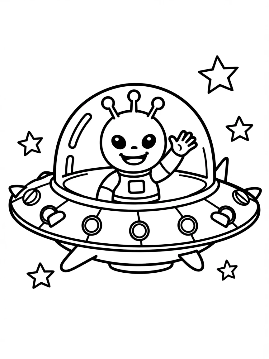 silly alien riding a spaceship coloring page