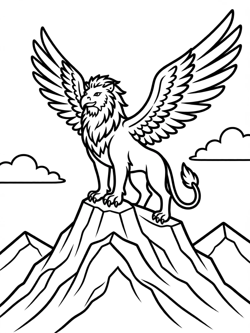 majestic griffin perched on a mountain coloring page