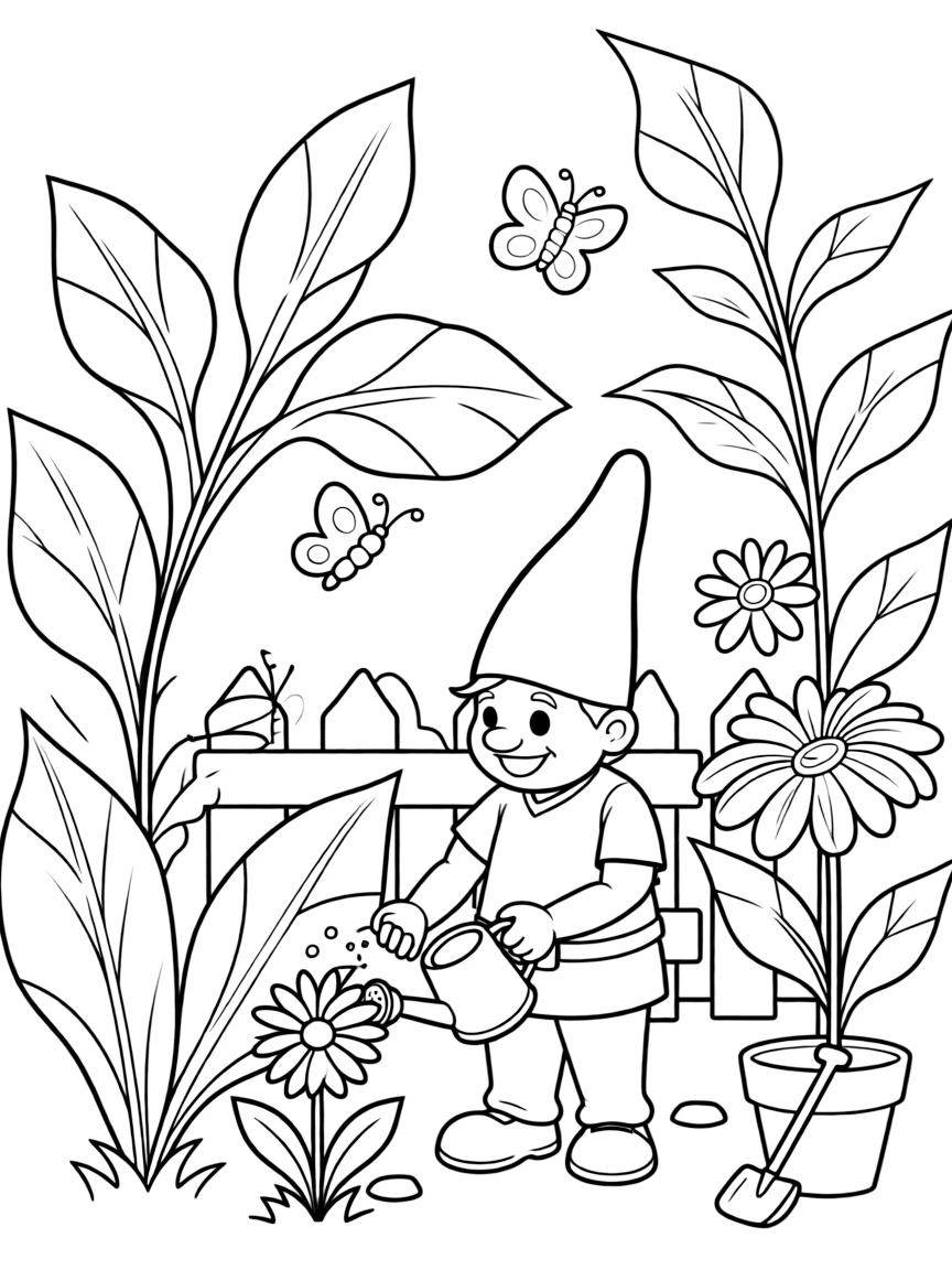 cheerful gnome tending to his garden coloring page