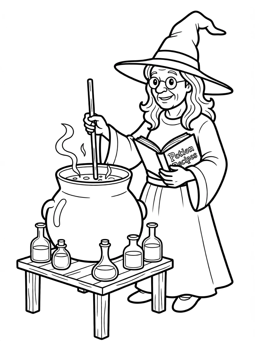 wise old witch brewing a potion coloring page