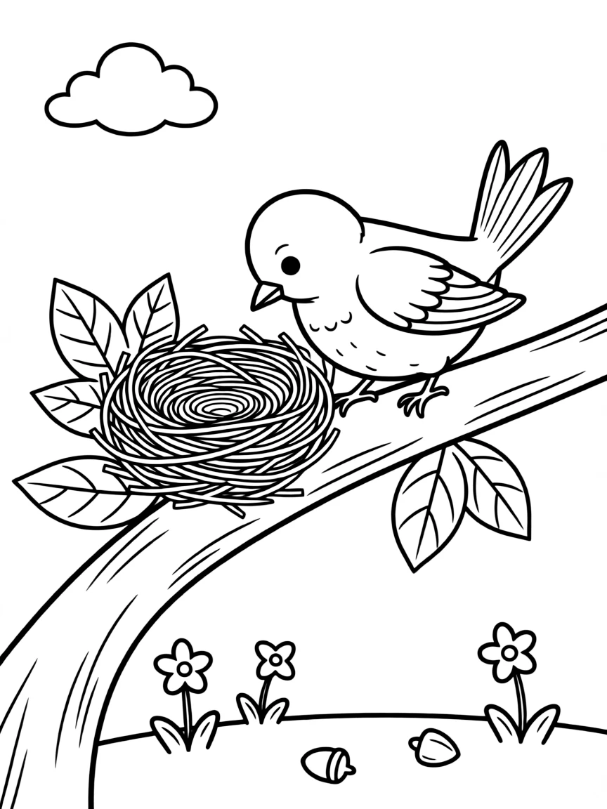 tiny bird building a nest coloring page