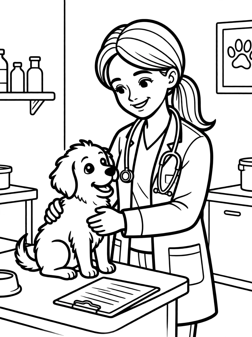 kind veterinarian with a puppy coloring page