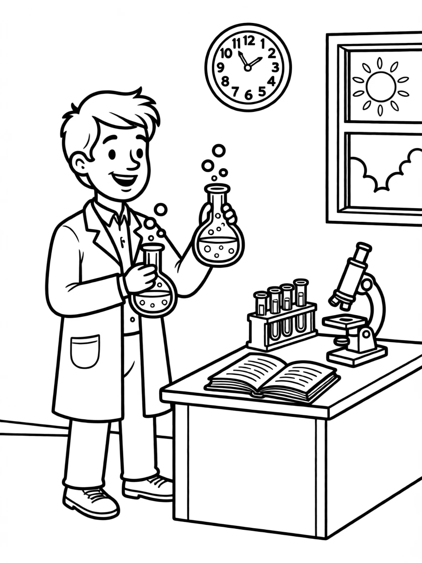 clever scientist with bubbling beakers coloring page
