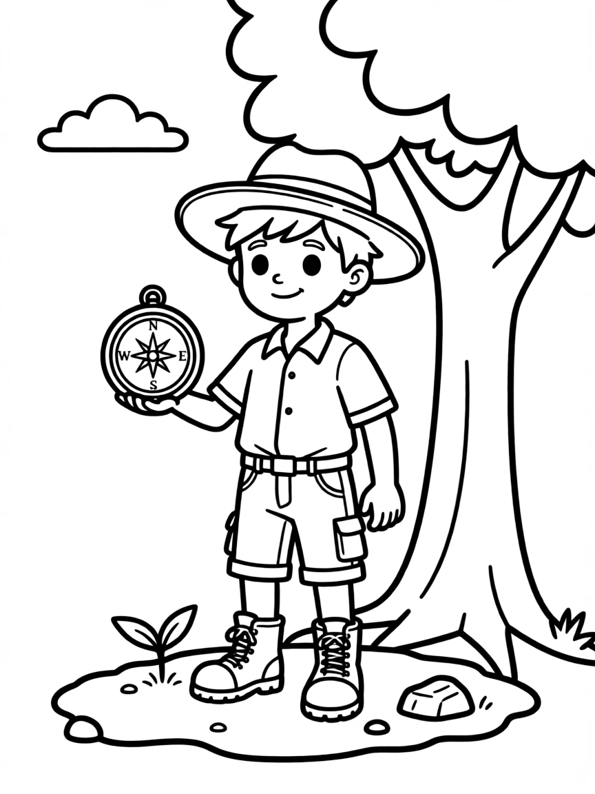 adventurous explorer with a compass coloring page