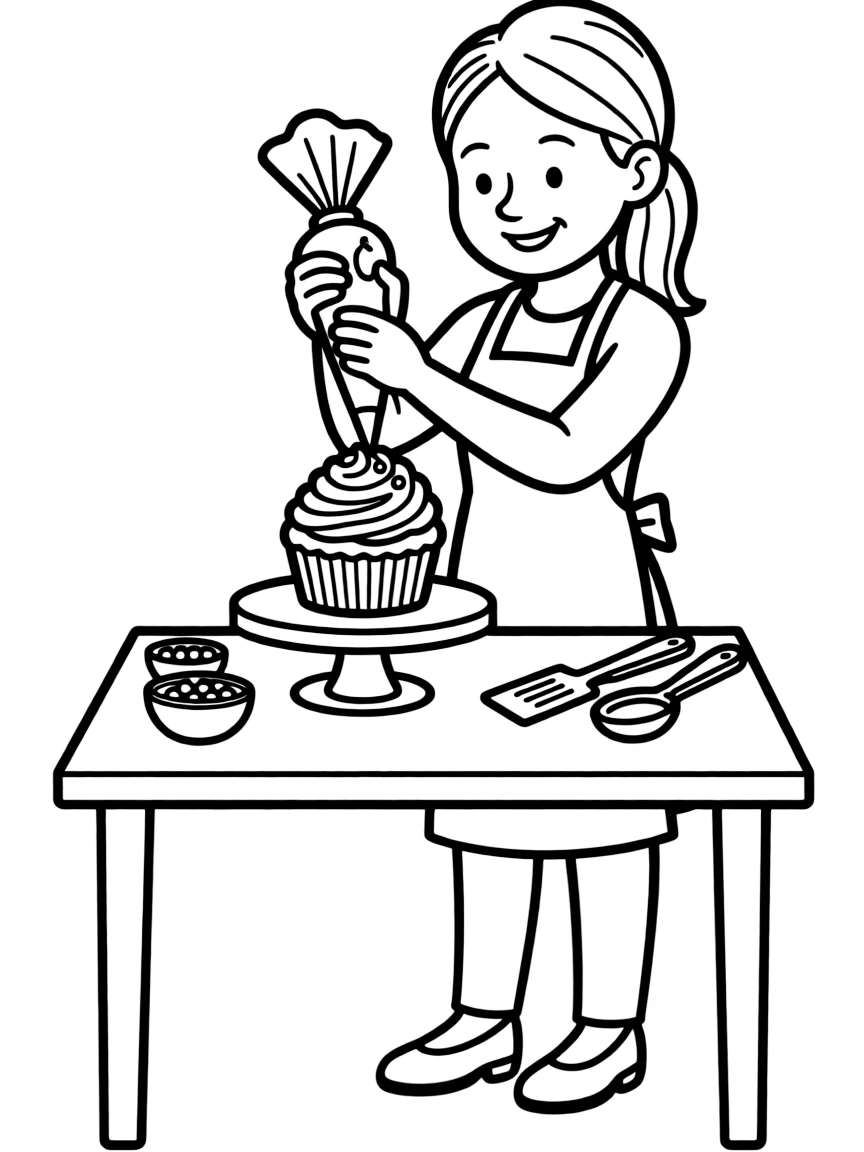 friendly baker decorating a cupcake coloring page
