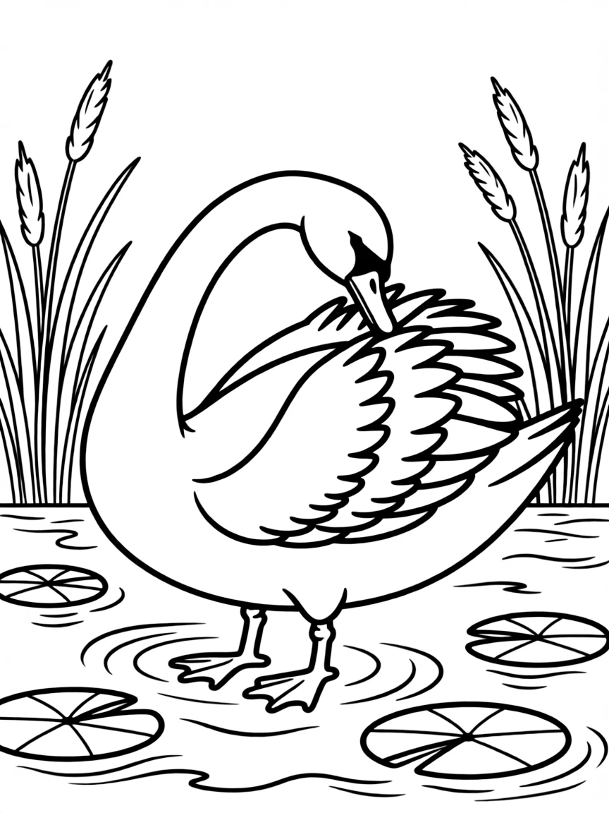 a graceful swan preening its feathers coloring page