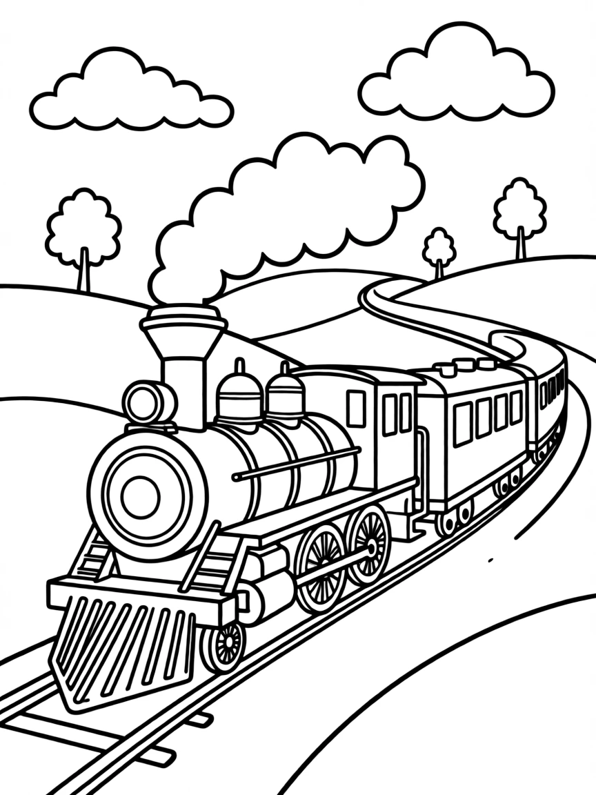 a speedy train traveling through hills coloring page