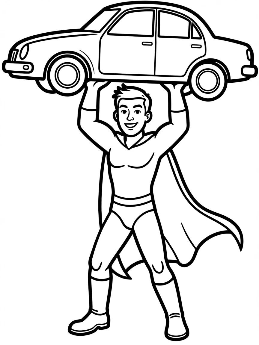 a powerful superhero lifting a car coloring page