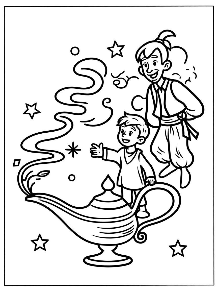a magical lamp granting wishes coloring page