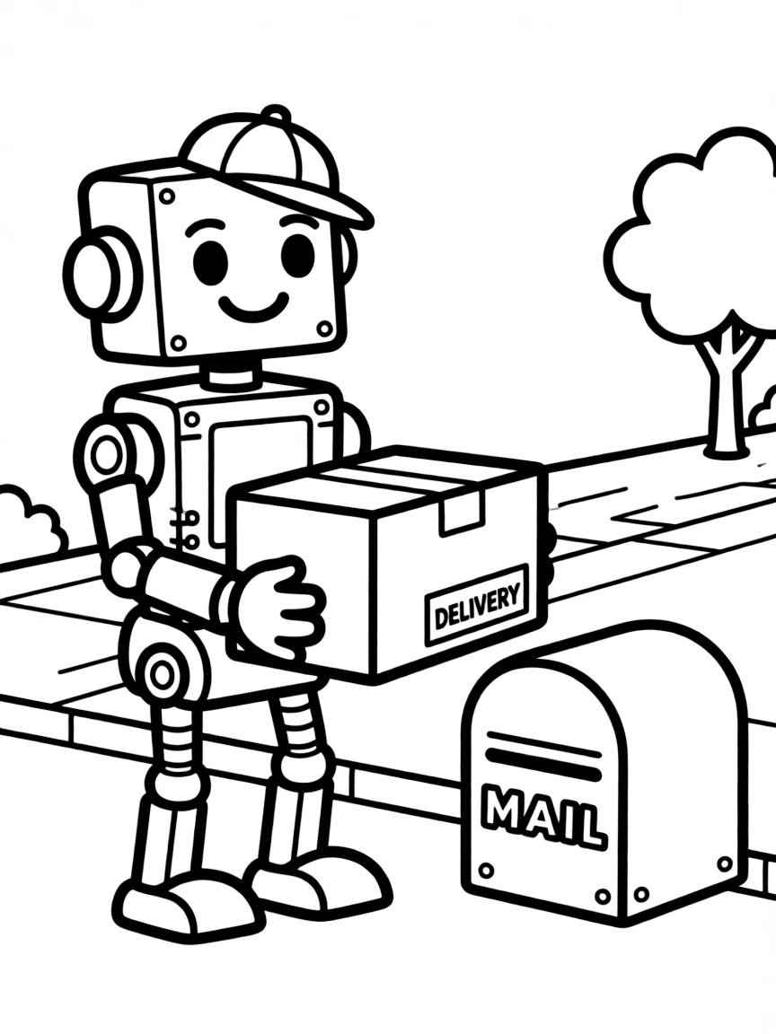 a cute robot delivering a package coloring page
