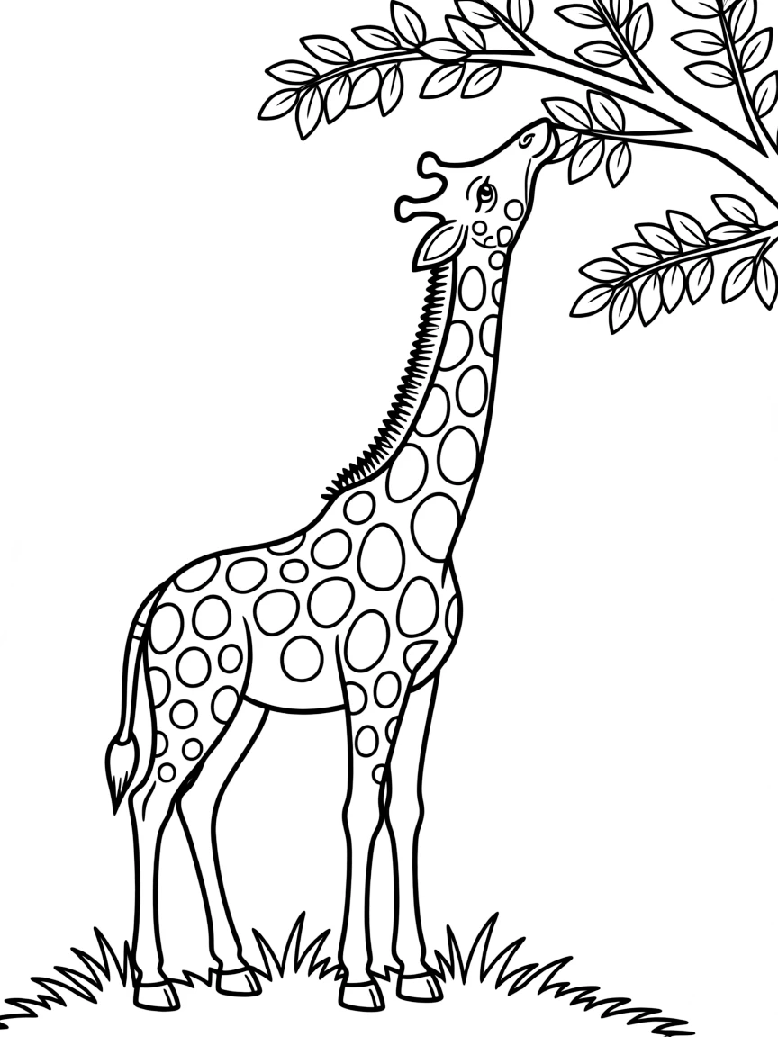 a majestic giraffe eating leaves coloring page