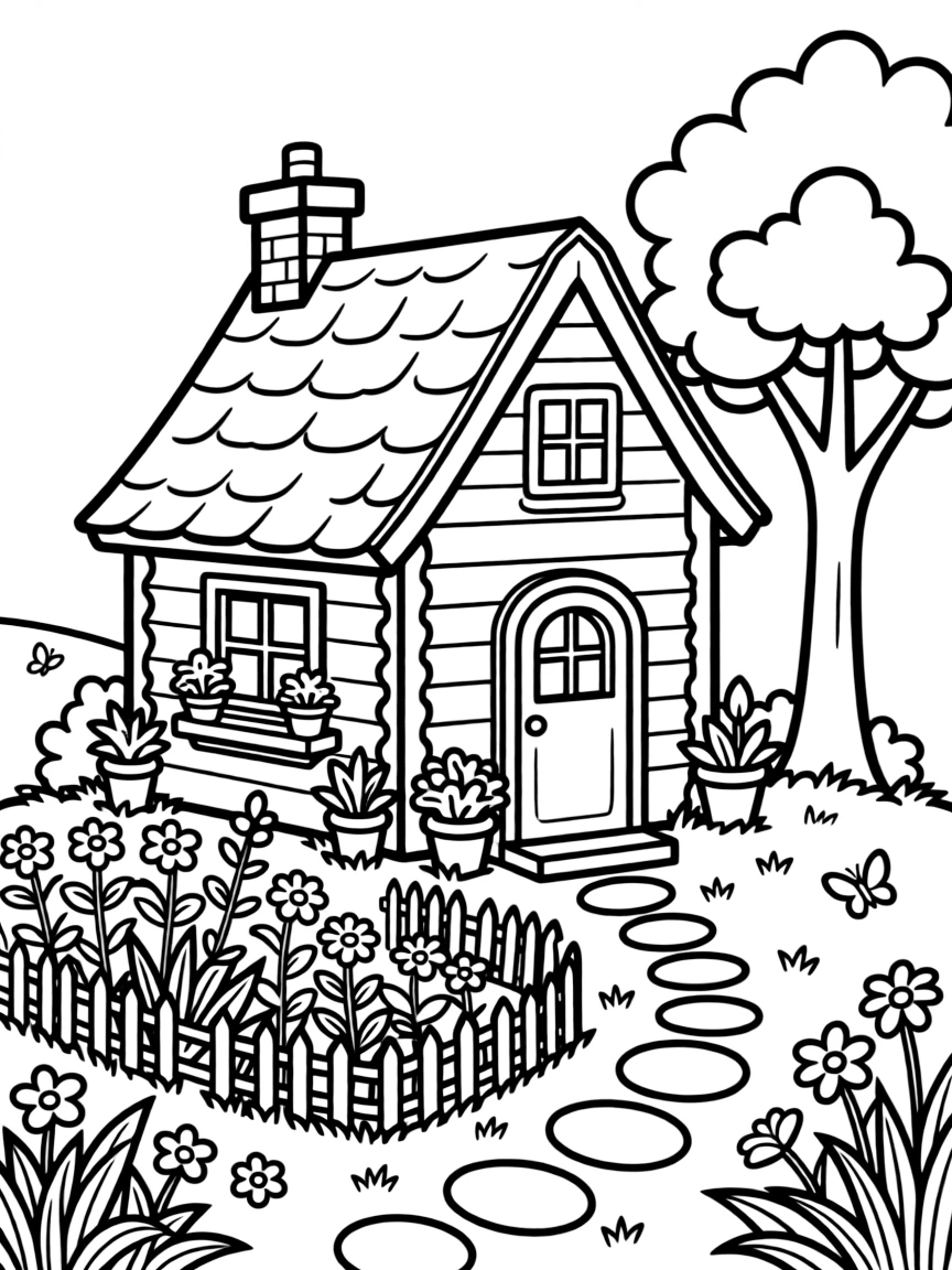 a cozy cottage with a garden coloring page