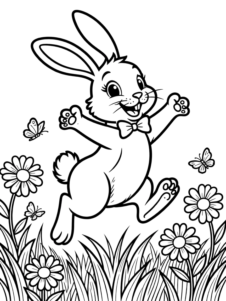 a bouncy rabbit playing in grass coloring page