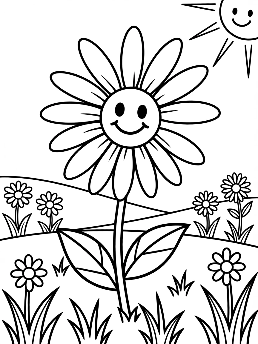 a happy daisy in a field coloring page