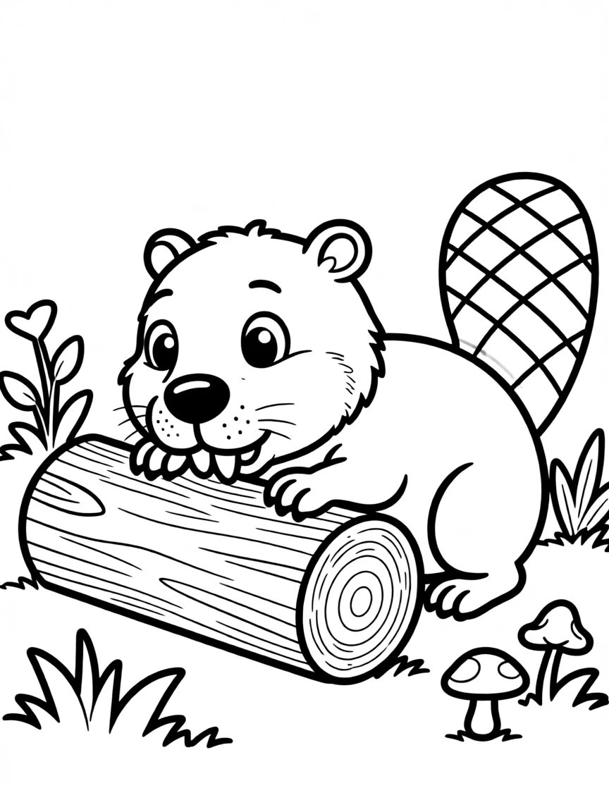 a cute beaver gnawing on a log coloring page