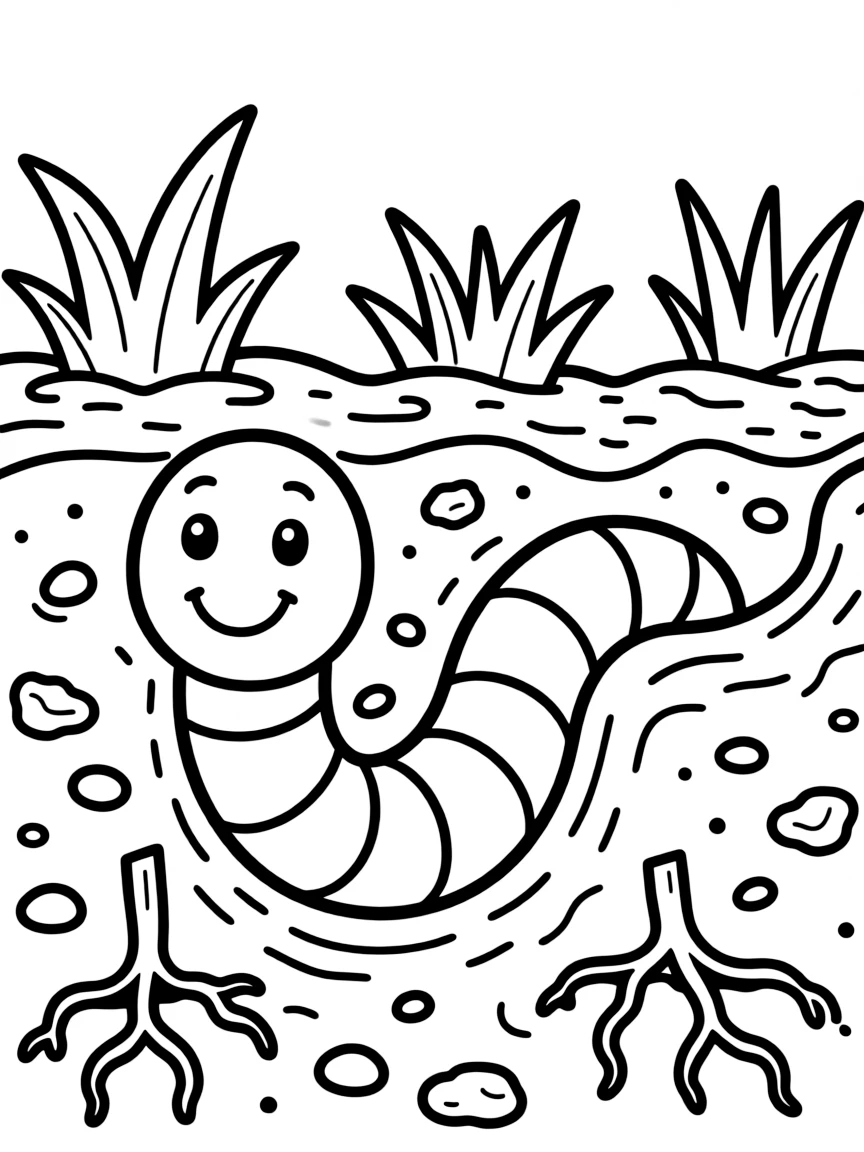a friendly earthworm in the soil coloring page