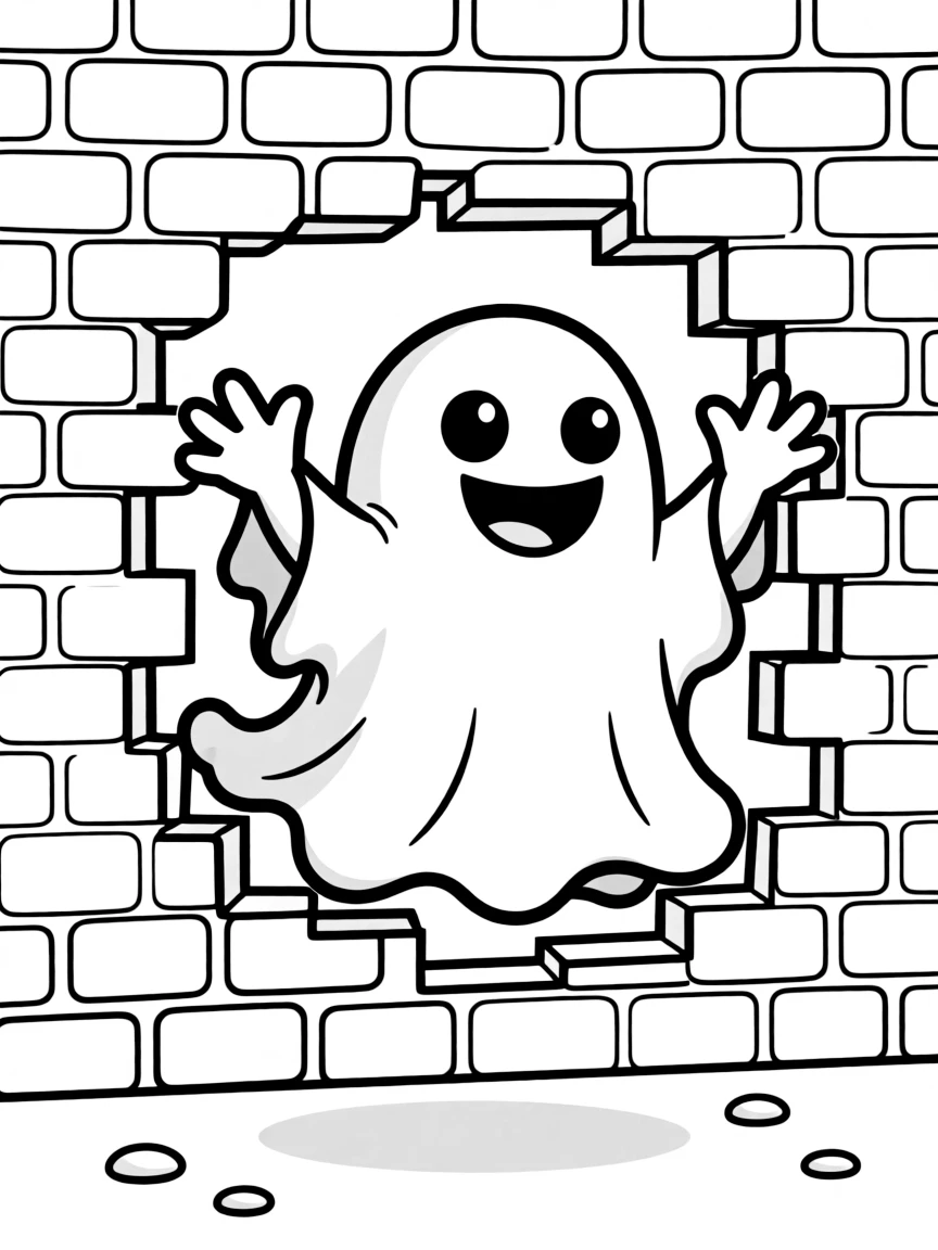 a happy ghost floating through a wall coloring page